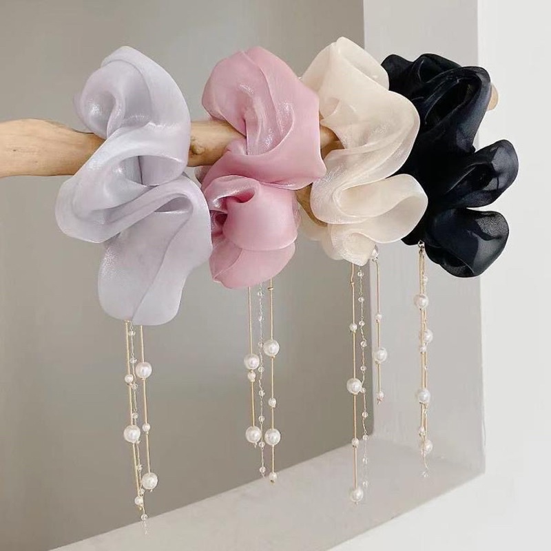 Dây buộc tóc phồng bồng bềnh tua rua đính hạt ngọc xinh xắn dễ thương ruy băng dây cột tóc bánh bèo công chúa Hàn Quốc