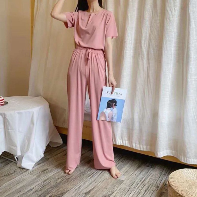 Bộ Đồ Ngủ Áo Tay Ngắn Quần Dài Màu Trơn Dành Cho NữFREESHIPBộ Đồ Ngủ Áo Tay Ngắn Quần Dài Màu Trơn