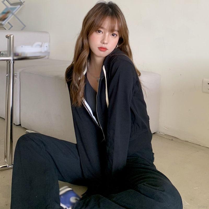 Áo khoác nữ có mũ màu trơn khóa kéo phong cách Hàn Quốc