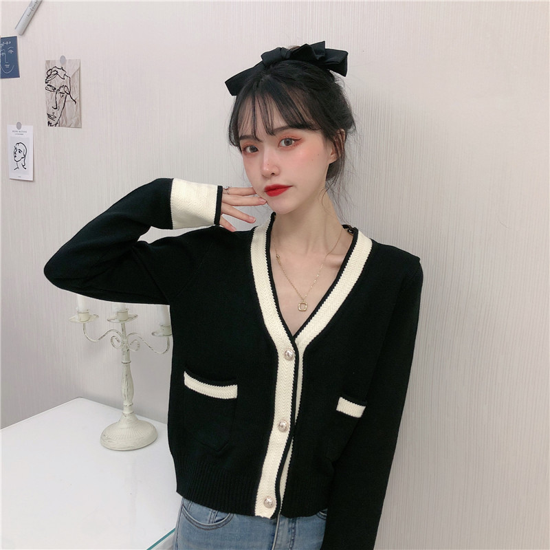 Áo Khoác Cardigan Dệt Kim Mỏng Tay Dài Cổ Chữ V Phối Màu Dễ Thương 173050 Chanel