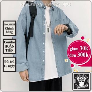 Áo sơ mi jean nam form rộng dài tay màu xanh trắng phong cách Hàn Quốc PON.MENS