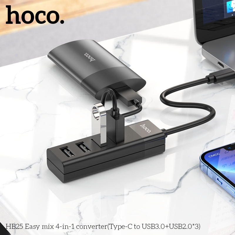 Hub 4 cổng Hoco HB25 chuyển Type-C sang USB  cho thiết bị ngoại vi: chuột, keyboard, USB, ổ cứng...