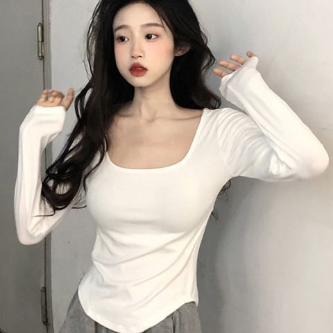 Áo Thun Thể Thao Tay Dài Cổ Vuông Ôm Eo Chất Liệu Cotton Thoáng Khí Thời Trang Mùa Hè 0928