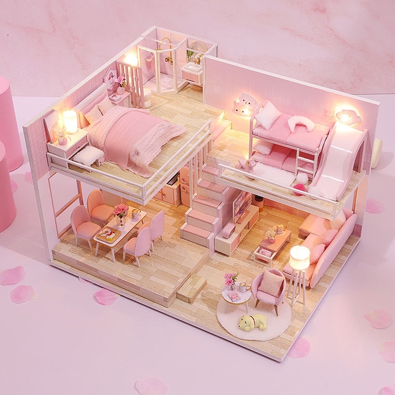 (Tặng mica,keo sữa,đèn)Nhà búp bê đầy đủ nội thất tự lắp ráp diy doll house Mô hình gỗ đồ chơi cho bé M031