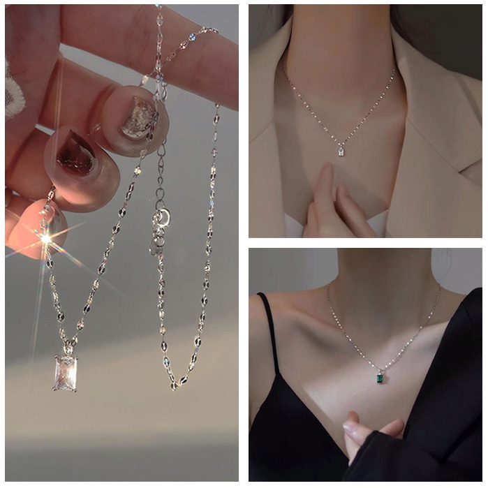 Vòng cổ Mặt Vuông Đính Đá Zircon Màu Xanh Lá Cây Phong Cách Retro Hàn Quốc Sang Trọng Dành Cho Nữ