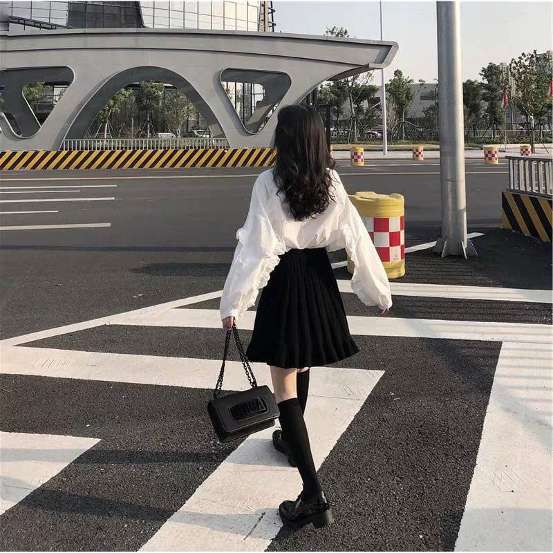 Áo sơ mi dài tay nữ phối bèo cánh dơi trắng freesize vintage ulzzang đi học đi làm