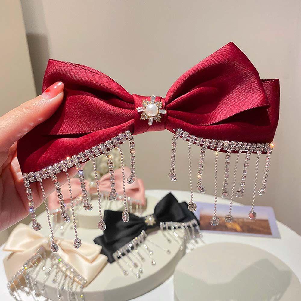 Kẹp Tóc Nơ Tua Rua Bằng Lụa Màu Đen/Hồng Đính Ngọc Trai Giả Dành Cho Nữ