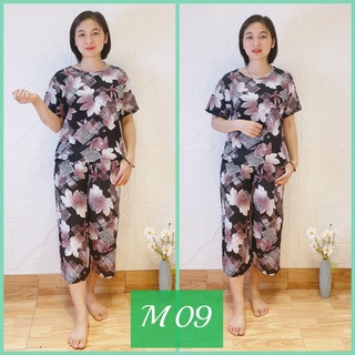 Đồ bộ trung niên lanh - vải lanh nhung tôn mặc ở nhà cho mẹ người già bigsize quần lửng ống rộng