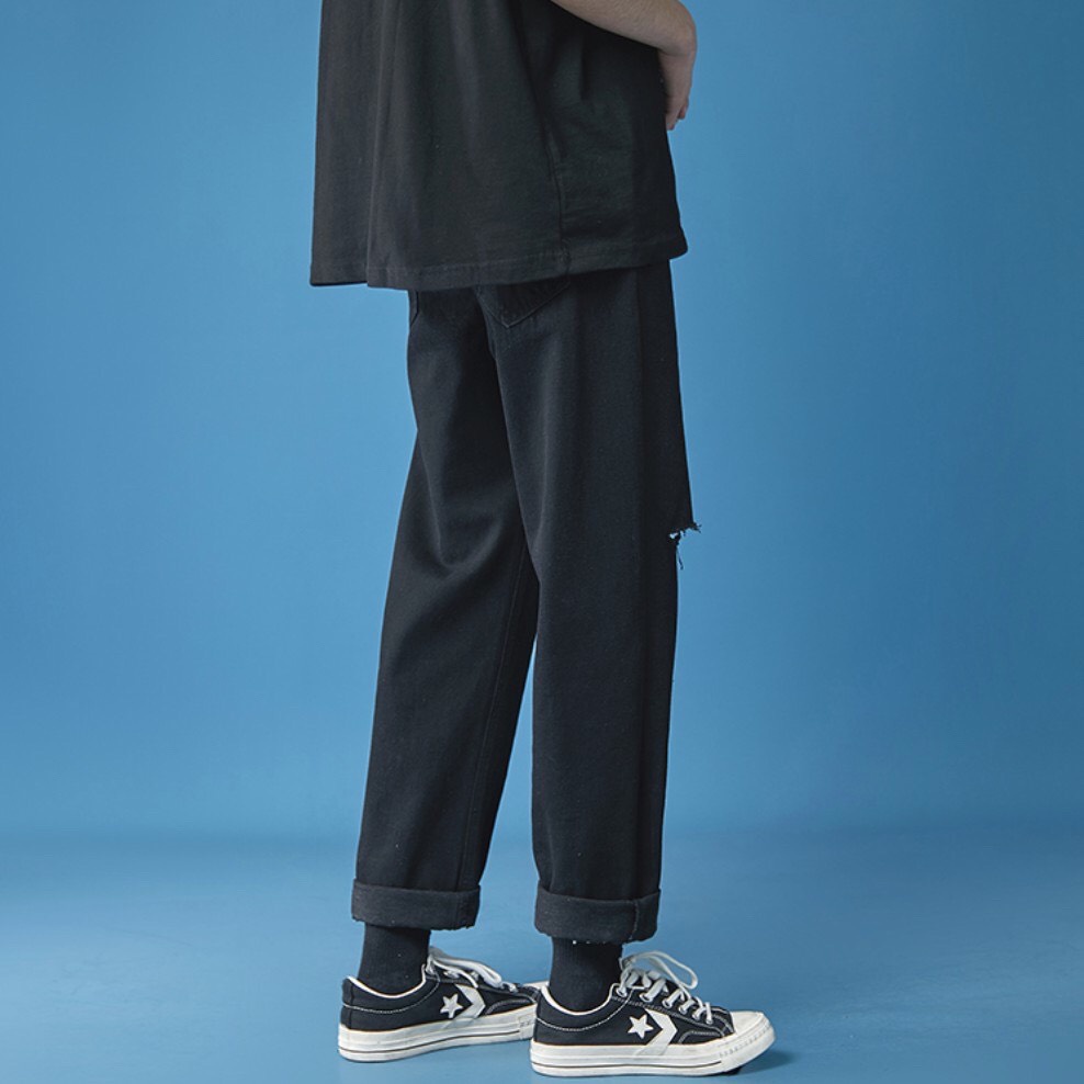 [Hottrend 2021⚡⚡] [B06] Quần Jean Baggy nam rách gối ống rộng cắt gấu đen không phai màu, vải co giãn | BigBuy360 - bigbuy360.vn