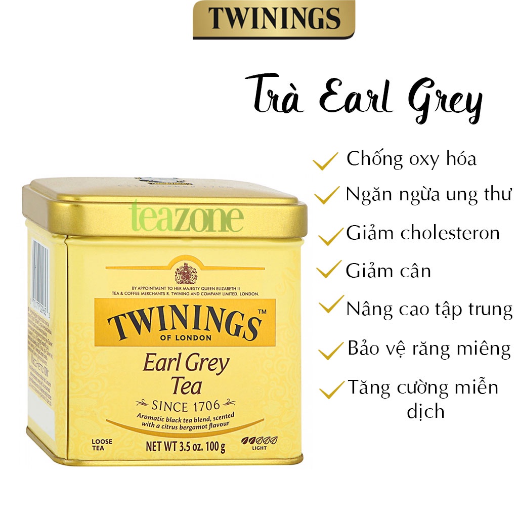 Trà bá tước Anh Quốc Twinings earl grey hộp thiếc 100 g nhập khẩu cao cấp