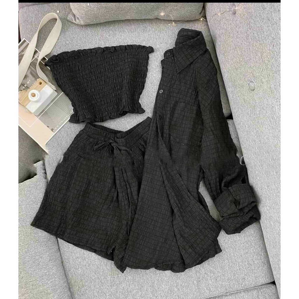 Sét ba món áo croptop áo khoác quần đùi siêu xinh chuẩn mẩu ảnh