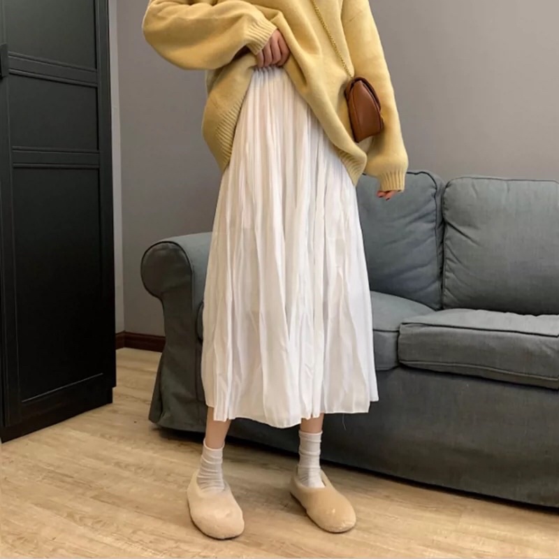 Chân váy voan trắng midi dáng dài xếp ly nhăn nhẹ nhàng vintage Hàn Quốc