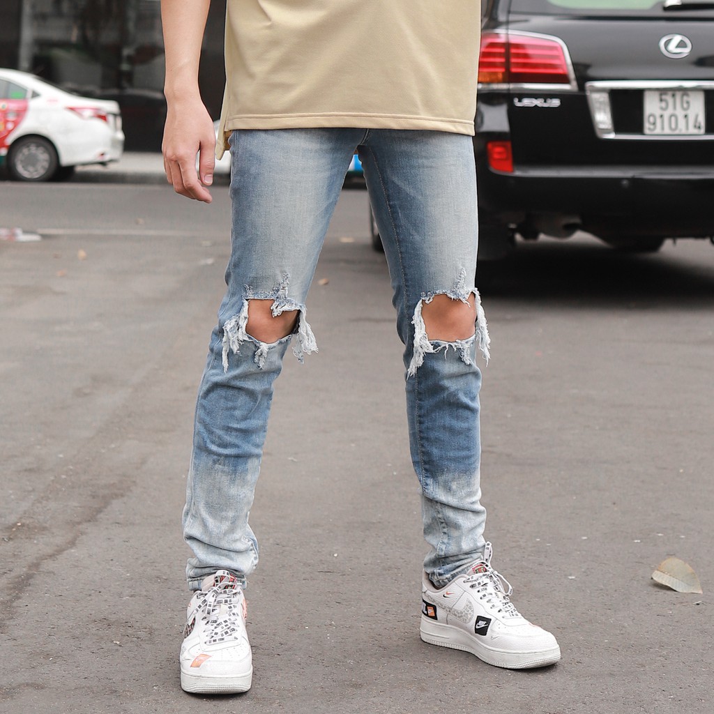 QUẦN SKINNY JEANS RÁCH GỐI MÀU XANH WITH PAINT DESTROY