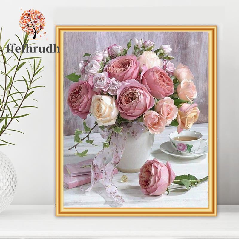 Tranh thêu chéo hình hoa hồng lãng mạn treo trang trí nội thất 30x40cm