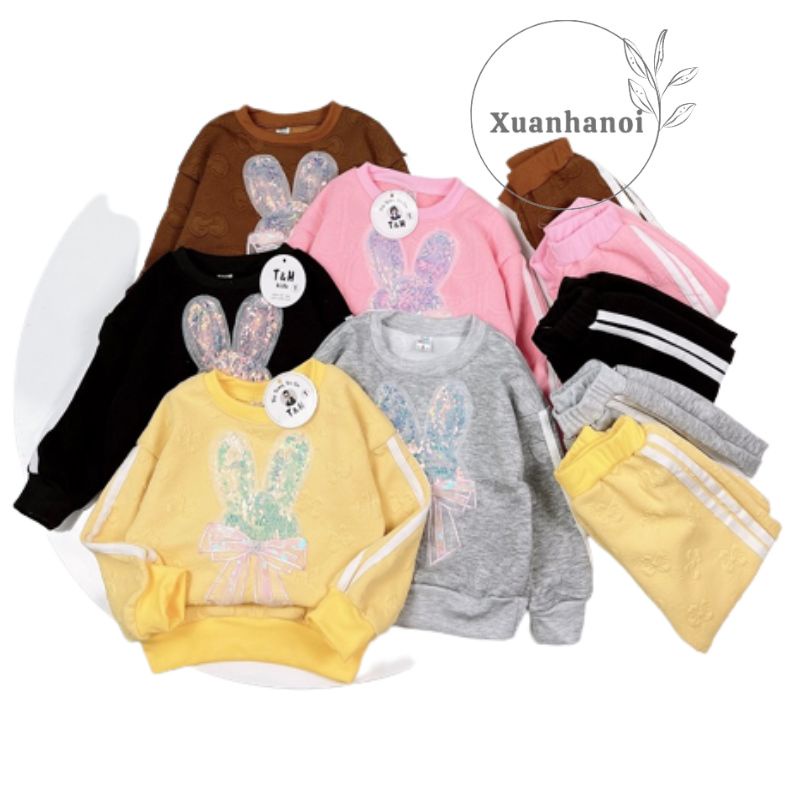 Bộ nỉ da cá bé gái nơ tai thỏ hình dập nổi cao cấp XHN1087