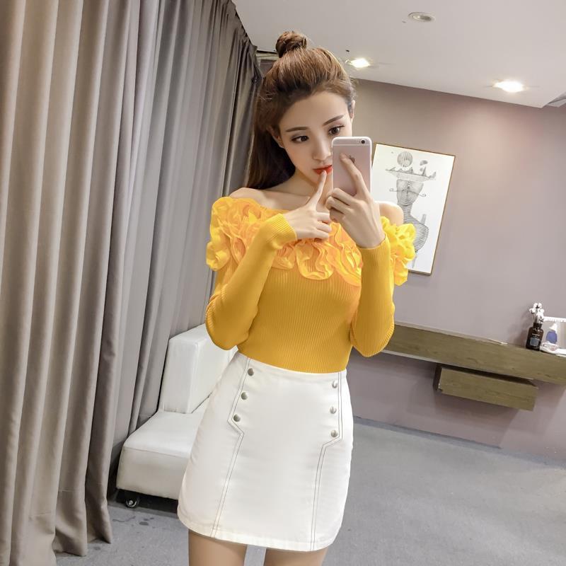Fall new line neck sweater Korean women's long sleeve tight stretch bottoming shirt short pullover