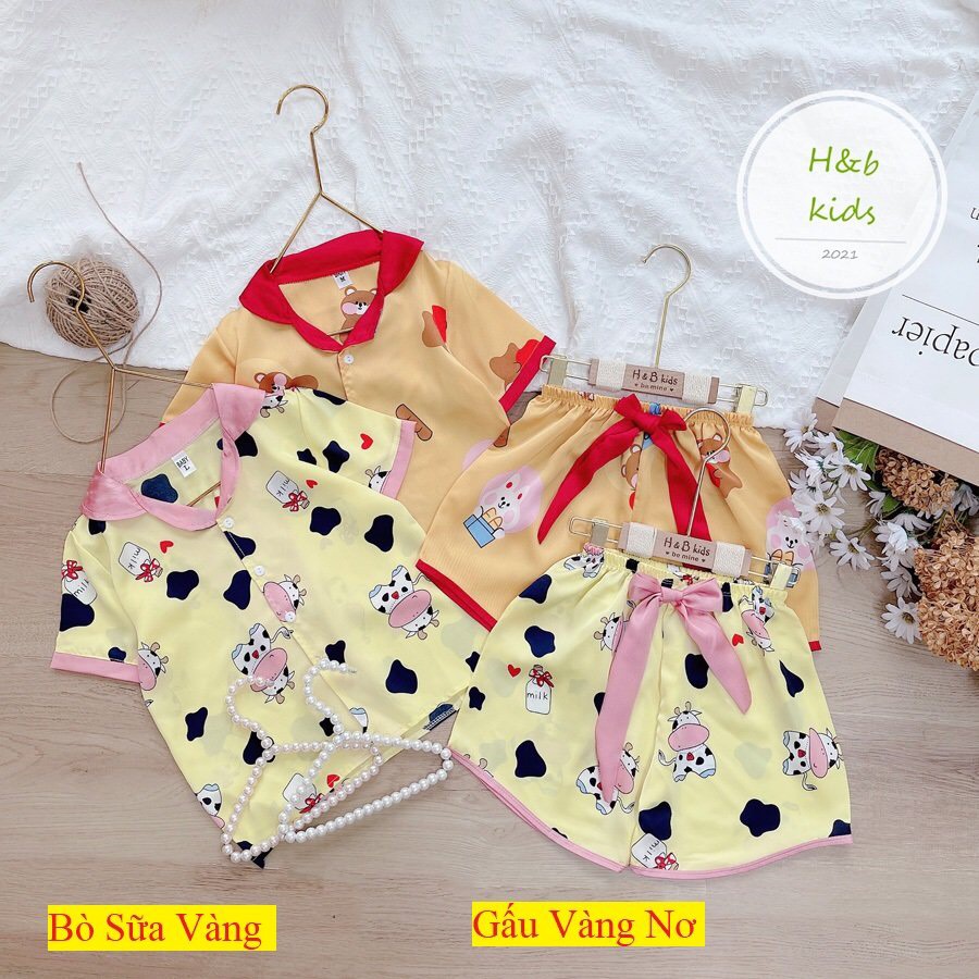 [16KG-35KG] Bộ Mặc Nhà Pijama Lụa Phối Nơ Cao Cấp Tay Cộc Cho Bé Gái - Chất Liệu Lụa mềm Mịn Thoáng Mát