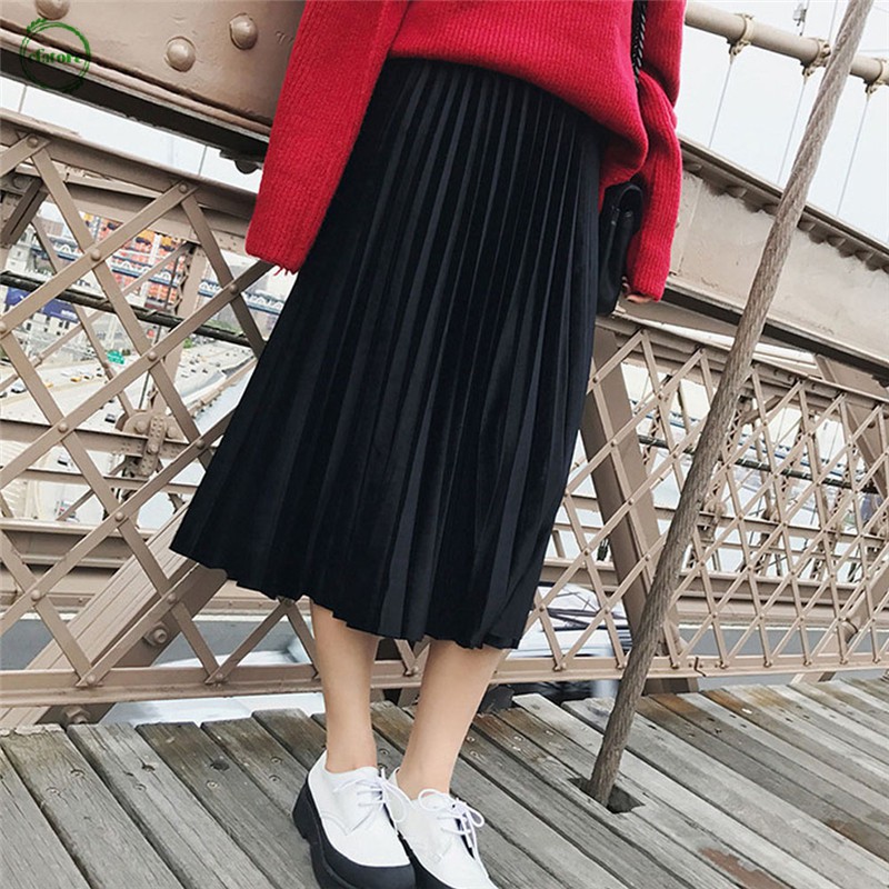 Chân váy nhung xếp li lưng cao xinh xắn cho nữ