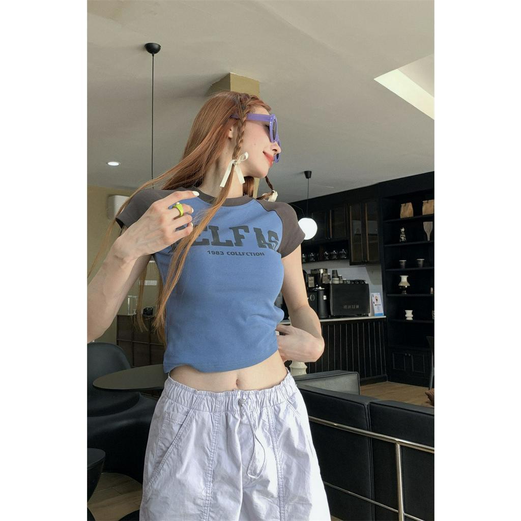 Ethelgirl Áo Thun Tay Ngắn Dáng Ôm In Họa Tiết Phong Cách Retro Mỹ Thời Trang Cho Nữ