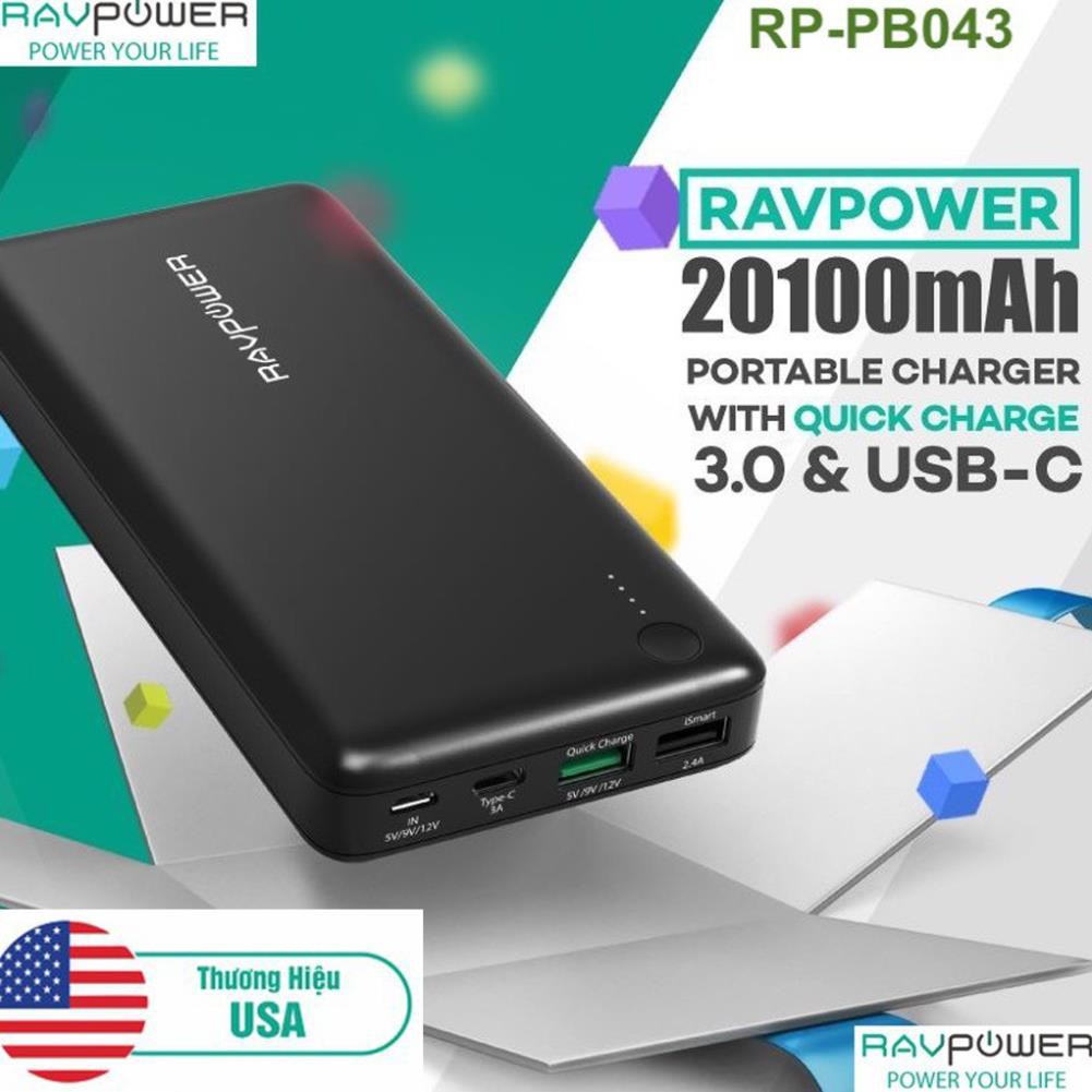 Sạc dự phòng RAVPower RP-PB043 20100mAh QC 3.0 18W & USB-C 5V/3A (In/Out)-Thương hiệu USA- HÀNG CHÍNH HÃNG