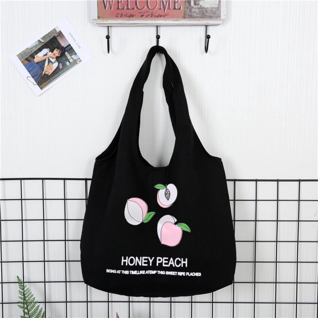 Túi tote Hazin túi vải canvas nữ hoạ tiết quả đào đựng vừa laptop cỡ lớn đeo vai phong cách ulzzang