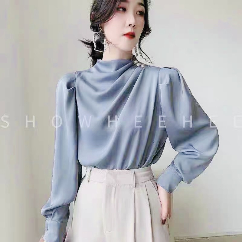 Áo sơ mi lụa tay phồng phong cách hàn quốc xếp nhún khuy vai sang chảnh chất liệu vải mềm mịn không nhăn nhàu mặc mátA13