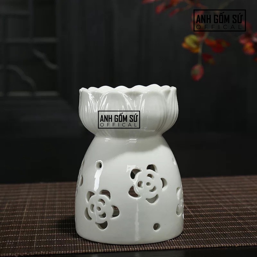 Đèn xông tinh dầu trắng dáng đài sen khắc laze cao cấp, bếp đốt tinh dầu thơm chính hãng