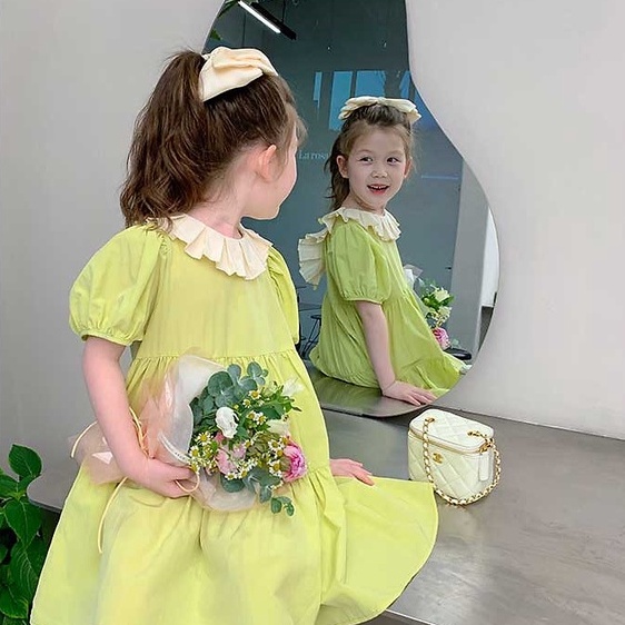 Đầm Công Chúa Tay Phồng Cổ Buộc Dây Thời Trang Mùa Hè Hàn Quốc Cho Bé Gái