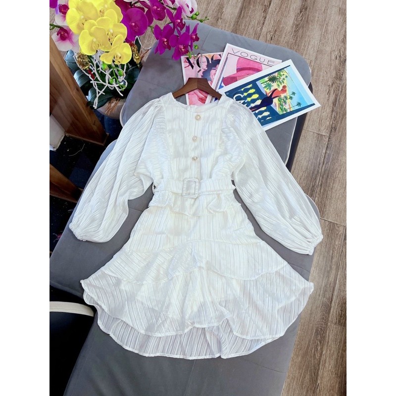 Đầm dự tiệc màu trắng bèo xếp tầng kèm belt siêu hot | BigBuy360 - bigbuy360.vn