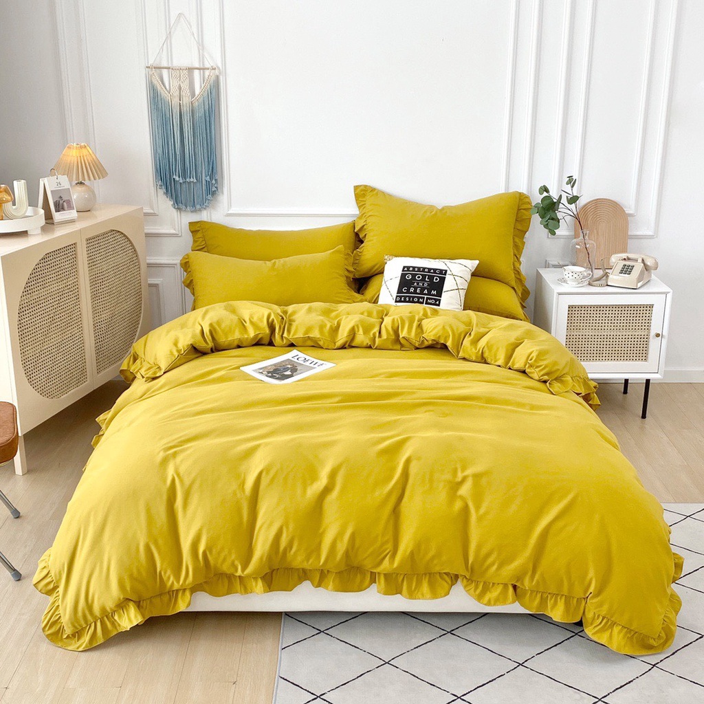 Bộ chăn ga gối cotton tici một màu, bộ ga trải giường viền bèo sang trọng mềm mại thoáng mát | BigBuy360 - bigbuy360.vn