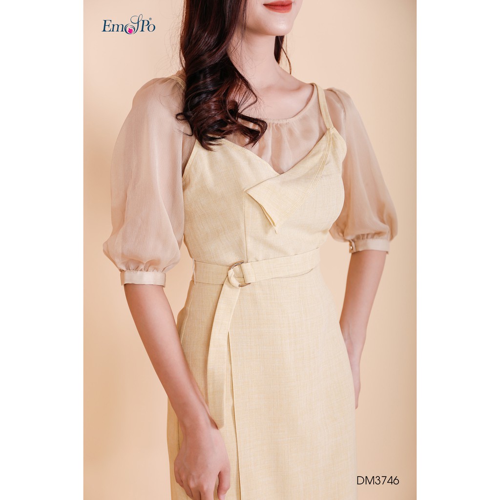 Đầm 2 dây ôm dáng A hai lớp, phối áo trong tay lỡ cổ nhún Emspo DM3746 (Hồng, Vàng)