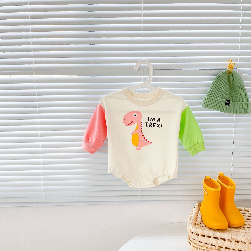 Áo liền thân tay dài in hình khủng long hoạt hình cho bé