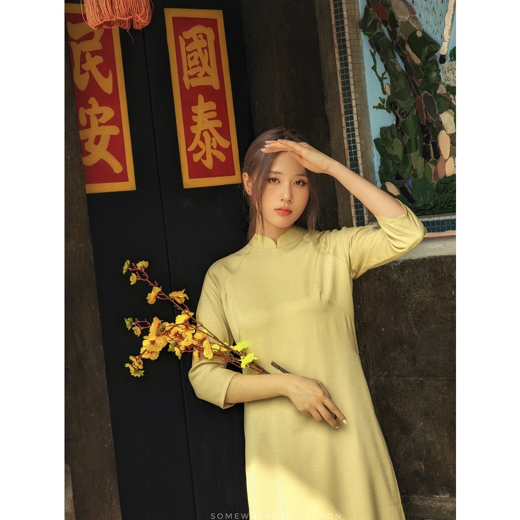 Set Áo dài Rosemary Lụa Tây Thi Vàng Cải Chua