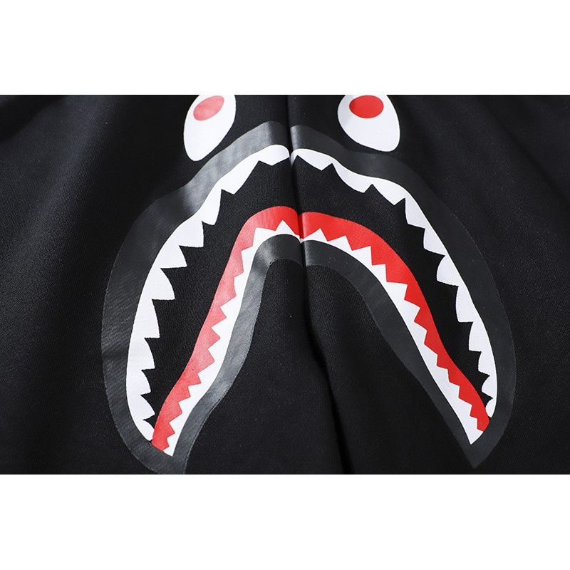 ◐►✜Quần Short Bape Mỏng Dáng Rộng Co Giãn Tốt In Hình Đầu Cá Mập Màu Đen Thời Trang Cho Nam Và Nữ