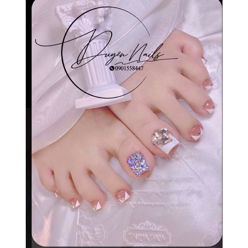 A91 bộ 24 móng chân giả màu trắng đính đá kèm keo dũa