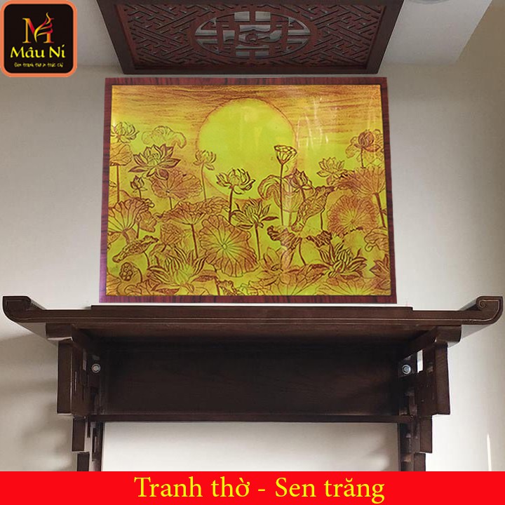 TRANH DÁN TƯỜNG Bàn thờ thần tài in trúc chỉ MÂU NI - kt 61x81cm - Sen hội tụ tỏa [ cạnh bài vị ông địa ] cần có