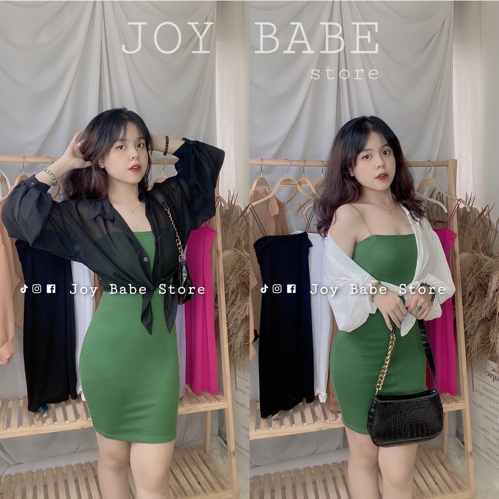Đầm body nữ hai dây sexy JOY BABE 🌺 mix áo khoác sơ mi mong manh, thun ôm đẹp hack dáng, đầm thời trang sọc DAM 5