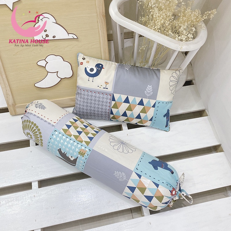 Bộ gối nằm và gối ôm cho bé gòn lông vũ, vải Cotton Satin Hàn Quốc êm mềm mát, giúp bé ngủ sâu ngủ ngon