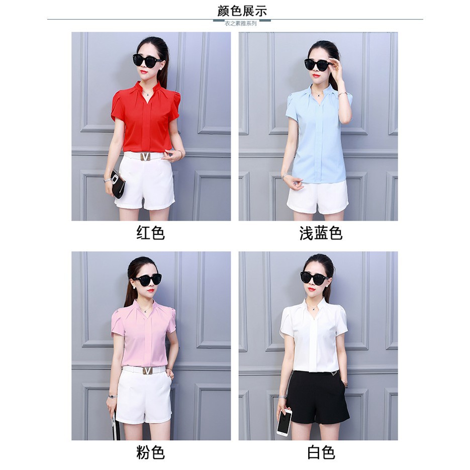 Áo kiểu cổ V tay ngắn lá sen phong cách Hàn Quốc cho nữ | BigBuy360 - bigbuy360.vn