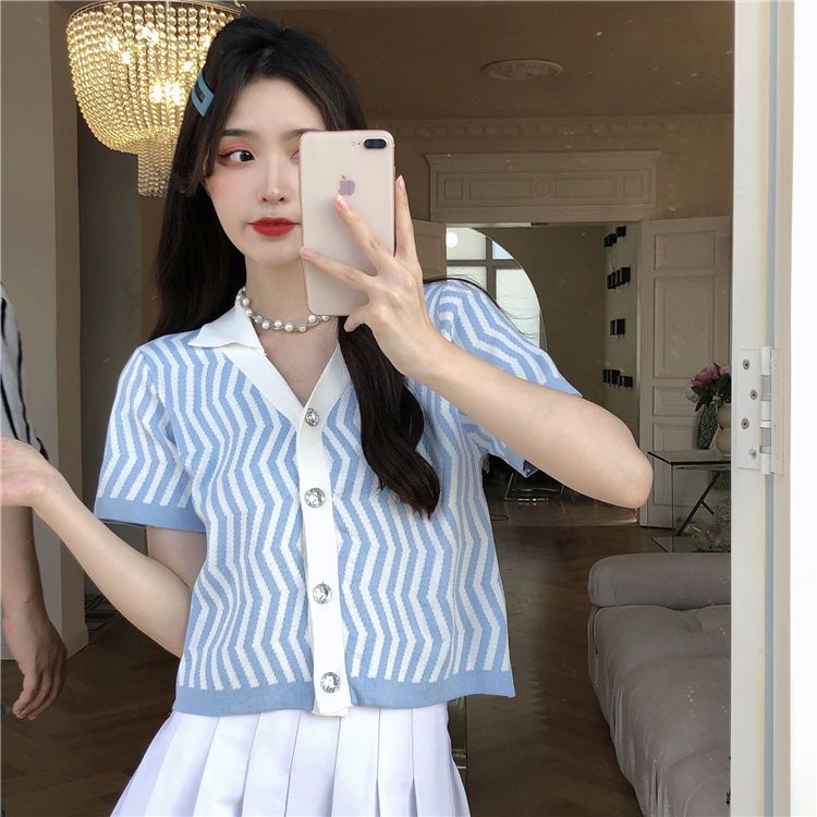 Áo cardigan Dệt Kim Mỏng Cổ POLO Ngắn Tay Họa Tiết Kẻ Sọc Cho Nữ JL-TX-514