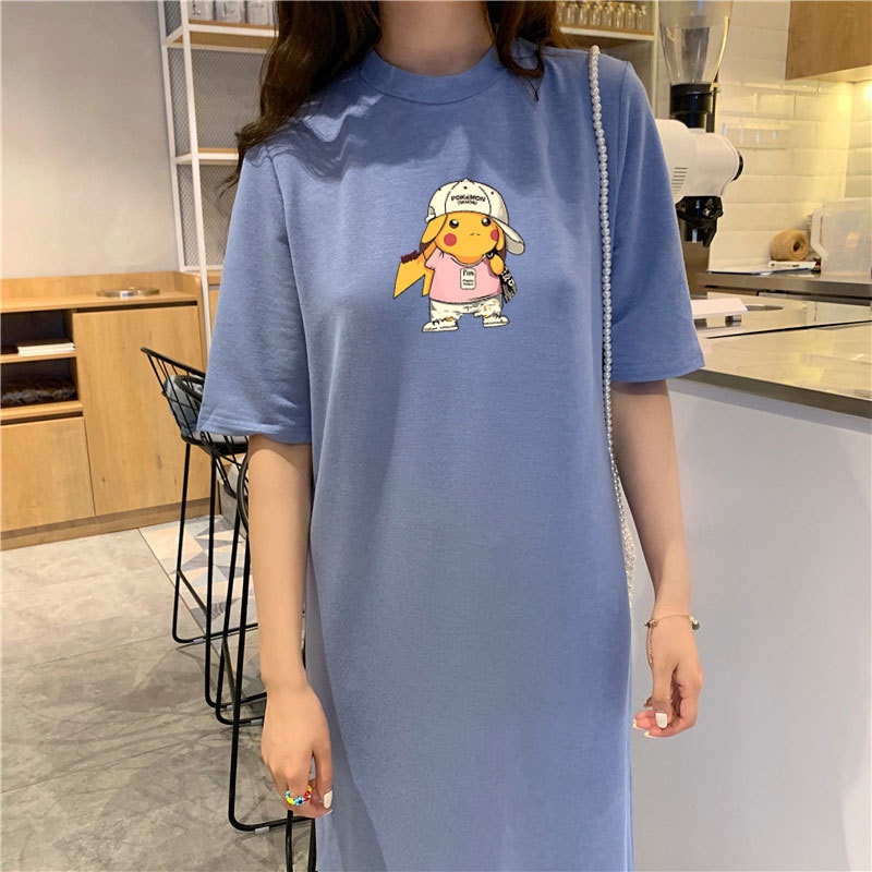 Đầm Suông Váy Suông Form Rộng In Hình Pikachuuuu Chất Chơi Dáng Dài Tay Ngắn Tà Xẻ Tinh Tế TTDS0337