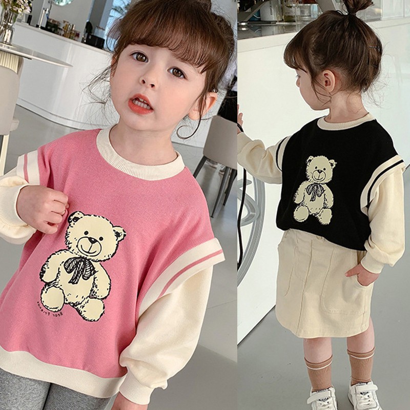 Áo sweater cổ tròn in họa tiết hoạt hình màu sắc tương phản phong cách Hàn Quốc thời trang dành cho bé gái