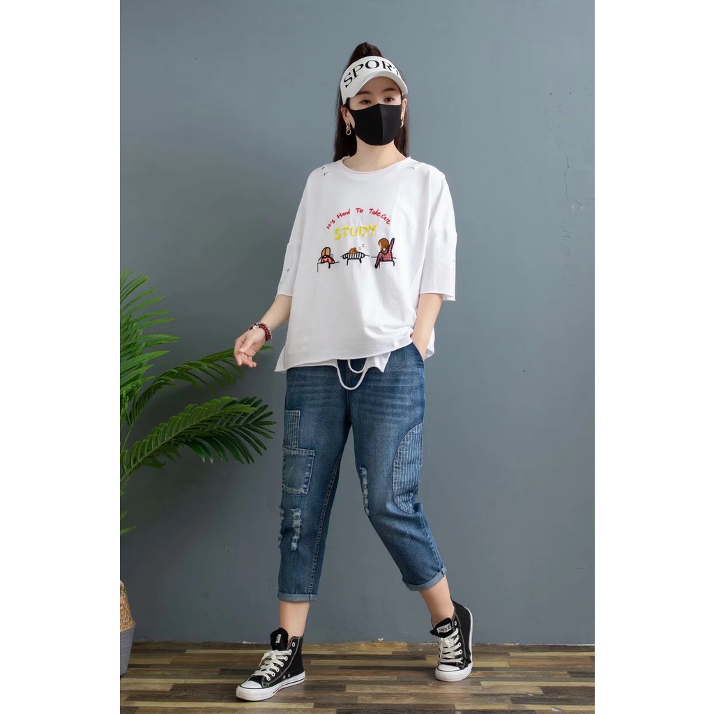 Quần jean lửng bagy nữ lưng thun bigsize M đến 3XL hoạ tiết đơn giản trẻ trung phong cách Nhật Bản AKira Store