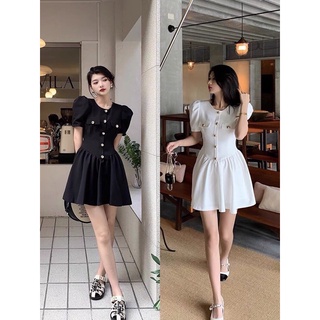 Đầm tùng xòe cổ tròn nút nổi sang 2 màu TRẮNG, ĐEN (Đ76)