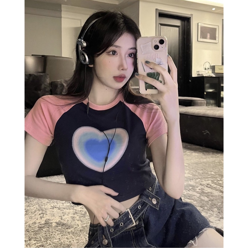 ÁO THUN CROPTOP NỮ TRÁI TIM CẦU VỒNG PHỐI MÀU DỄ THƯƠNG HÀN QUỐC CÓ FREESIZE