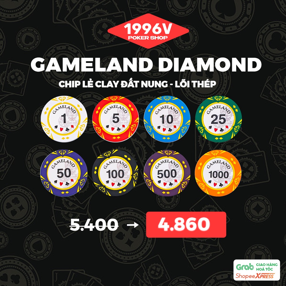 Chip Poker có số, phỉnh poker Gameland Diamond chip set Pocker đất nung - 1996V Poker Shop