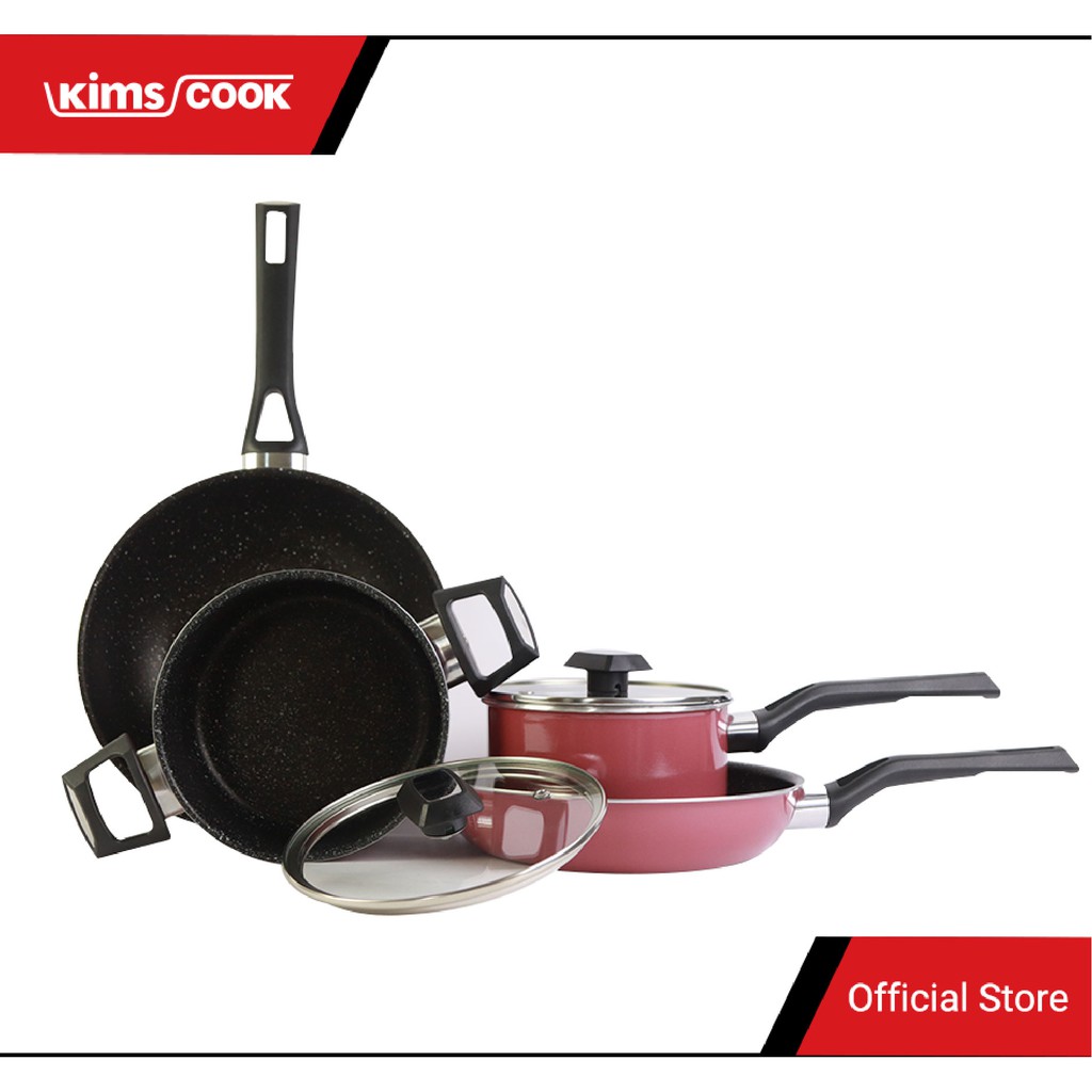 Bộ nồi chảo quánh chống dính Kims Cook Easy Cook hợp kim nhôm vân đá đáy từ ( HỒNG )