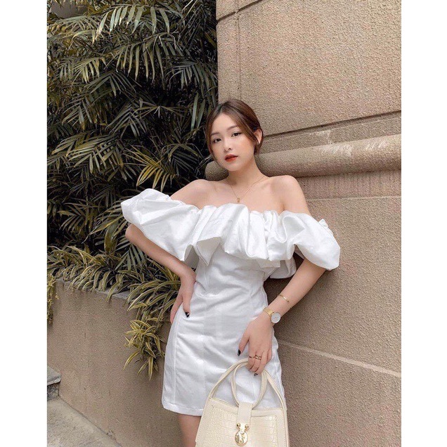 Đầm Body Trễ Vai Trắng Bèo Nhún Tay Phồng Sexy - Váy Trễ Vai Nhúm Bèo Tay Rớt Vai Dự Tiệc Ulzzang