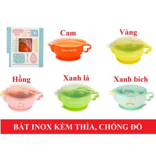Bát ăn dặm Inox kèm thìa, chống đổ cho bé