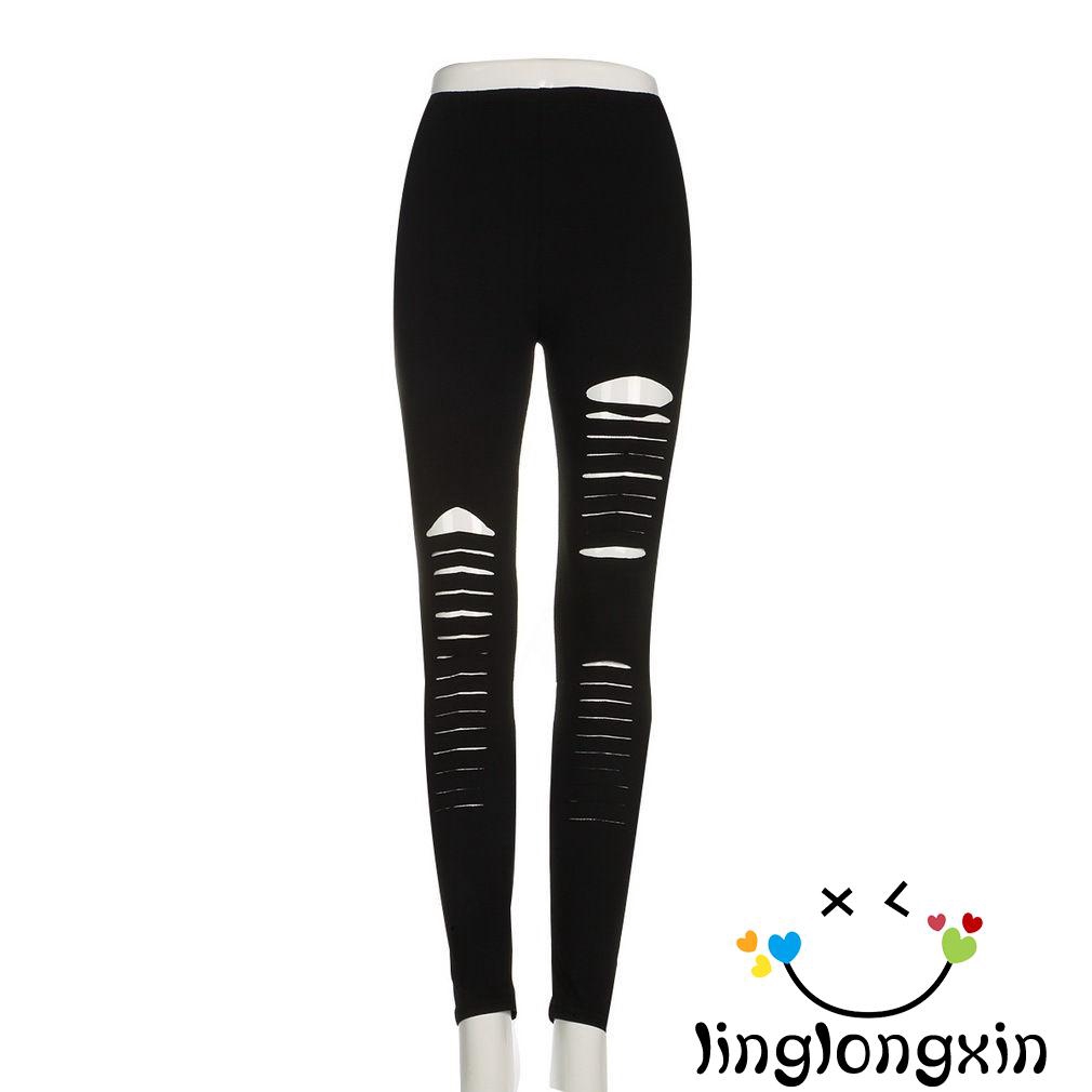 Quần legging dài lưng cao dáng ôm thiết kế rách lỗ thời trang cho nữ